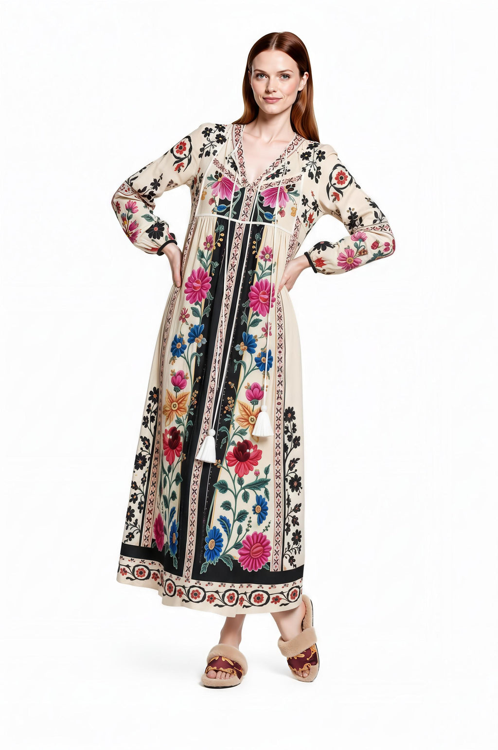 Ivory Floral Maxi Dress with Long Sleeves and Colorful Border Print