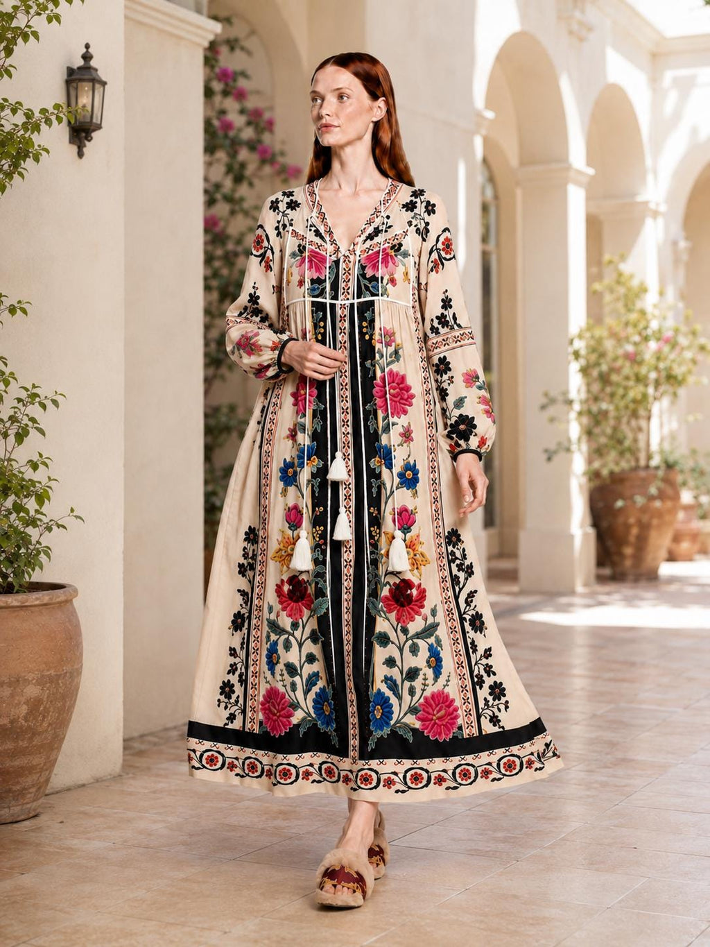 Ivory Floral Maxi Dress with Long Sleeves and Colorful Border Print