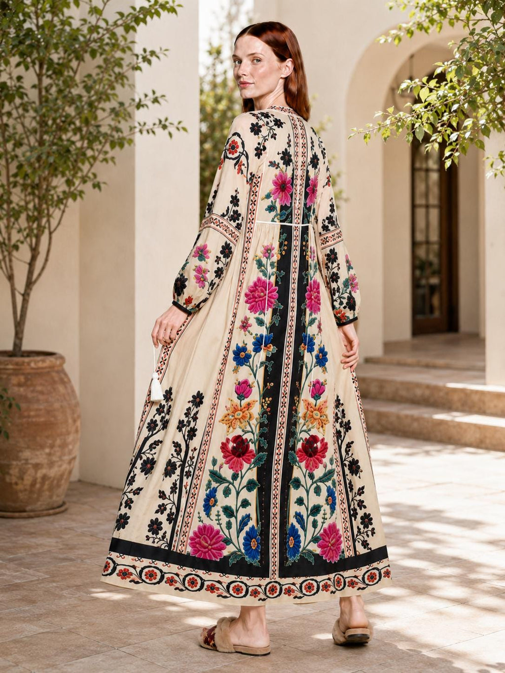Ivory Floral Maxi Dress with Long Sleeves and Colorful Border Print