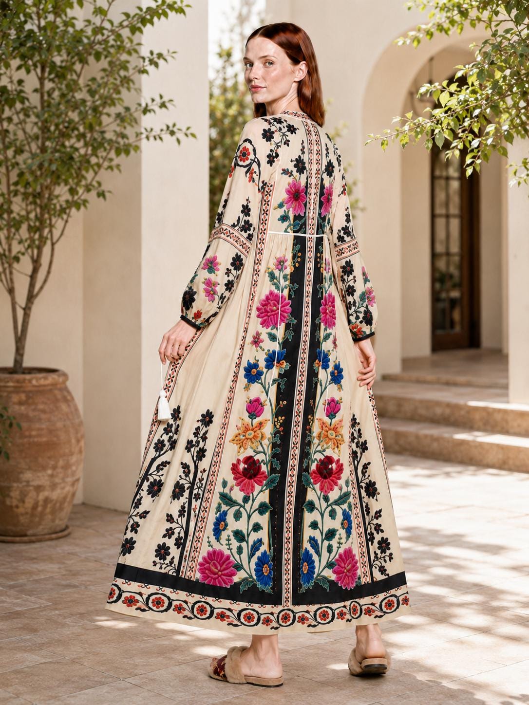 Ivory Floral Maxi Dress with Long Sleeves and Colorful Border Print