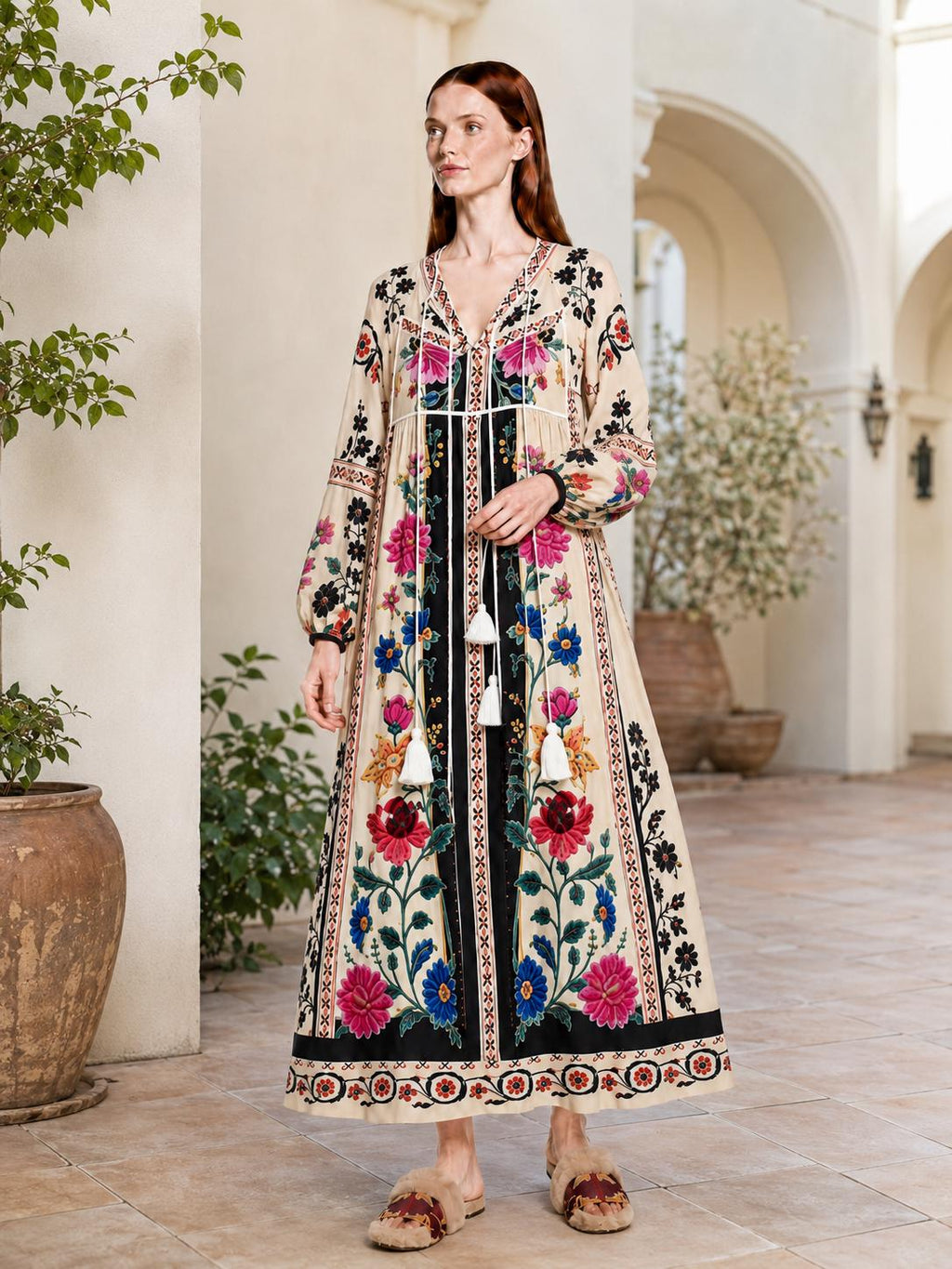 Ivory Floral Maxi Dress with Long Sleeves and Colorful Border Print