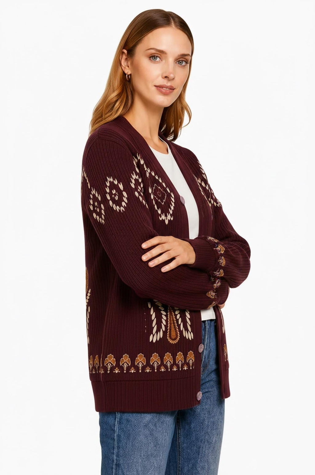 Knit Cardigan, Burgundy Floral Button Front Sweater, Vintage Ribbed Layering Cardigan