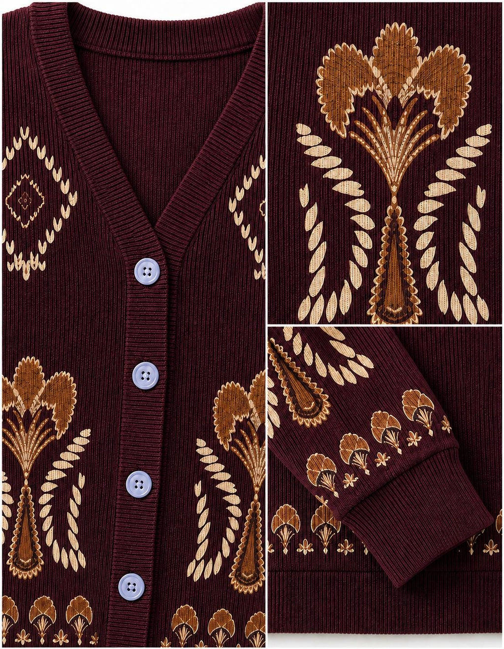 Knit Cardigan, Burgundy Floral Button Front Sweater, Vintage Ribbed Layering Cardigan