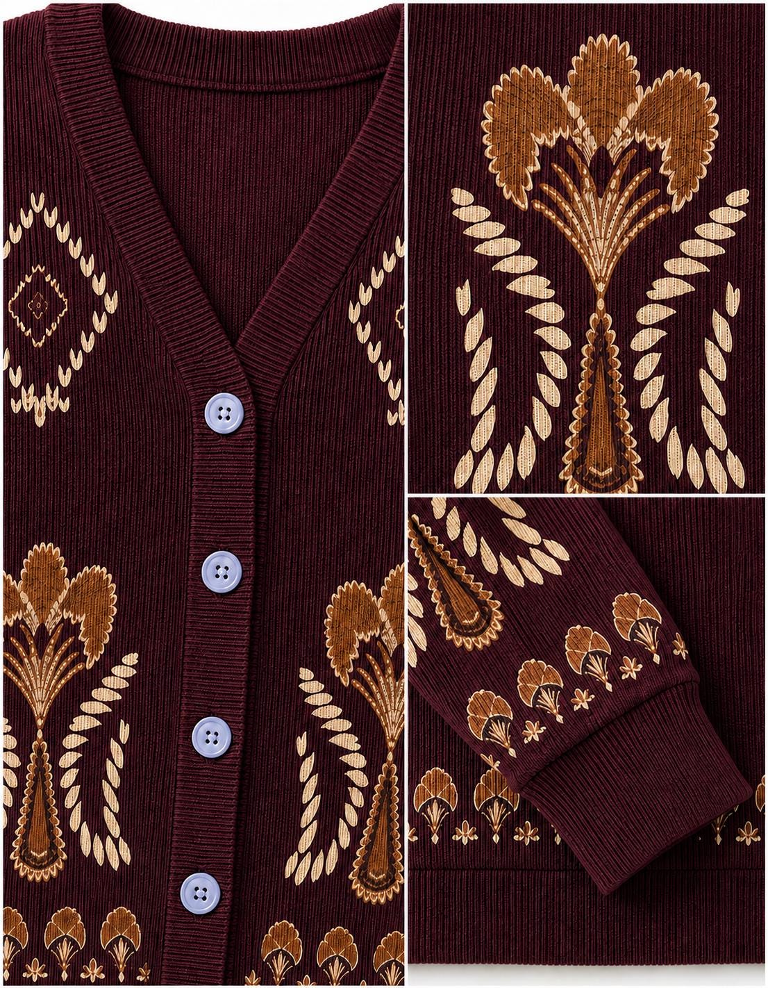 Knit Cardigan, Burgundy Floral Button Front Sweater, Vintage Ribbed Layering Cardigan