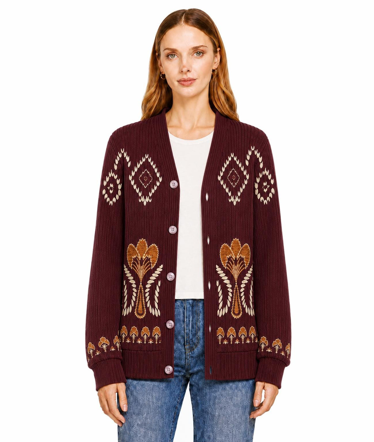 Knit Cardigan, Burgundy Floral Button Front Sweater, Vintage Ribbed Layering Cardigan