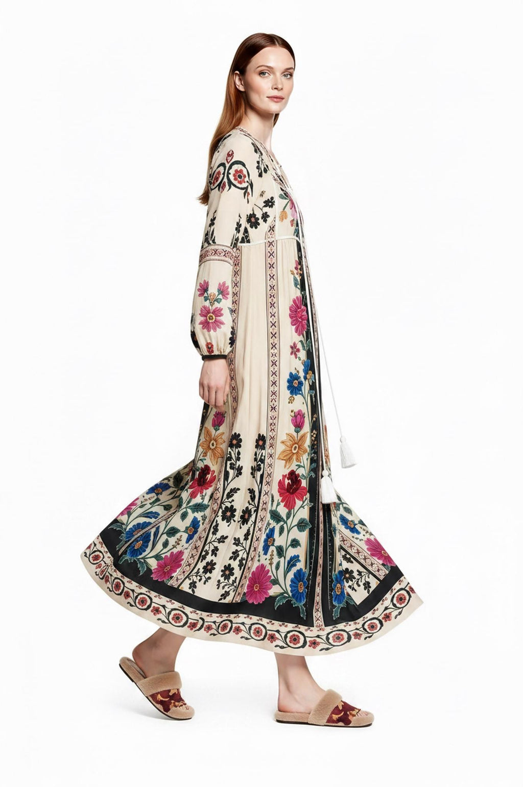 Ivory Floral Maxi Dress with Long Sleeves and Colorful Border Print
