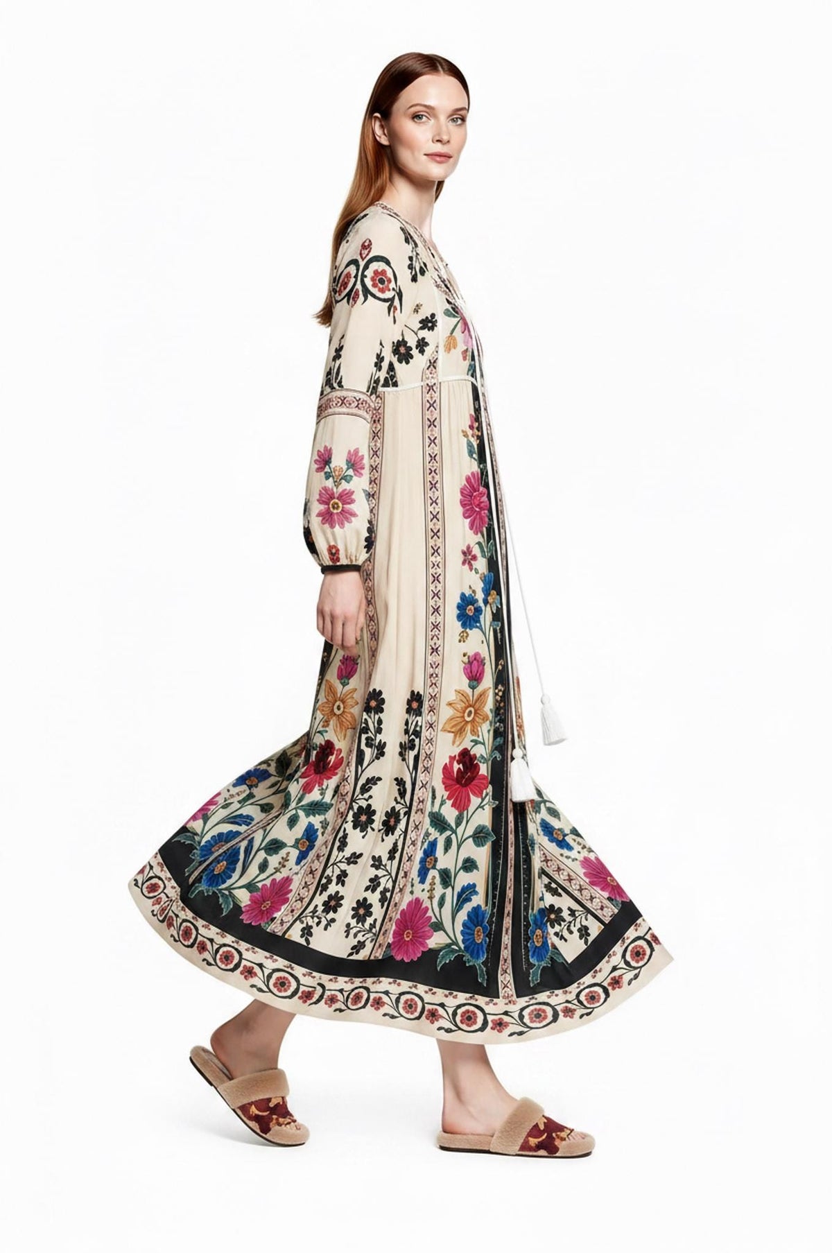 Ivory Floral Maxi Dress with Long Sleeves and Colorful Border Print