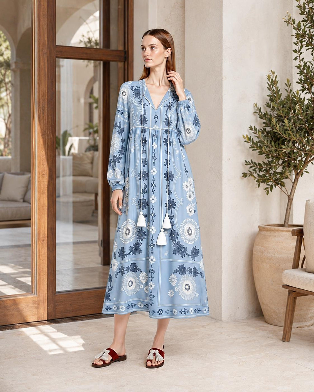 Light Blue Floral Chiffon Maxi Dress, Long Sleeve Tassel Tie Resort Wear