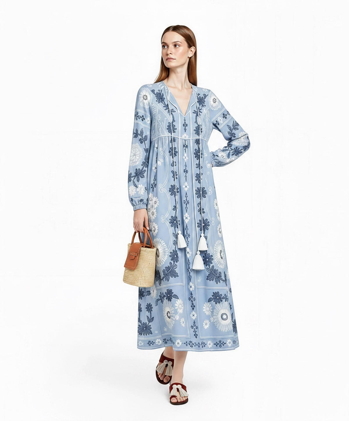 Light Blue Floral Chiffon Maxi Dress, Long Sleeve Tassel Tie Resort Wear