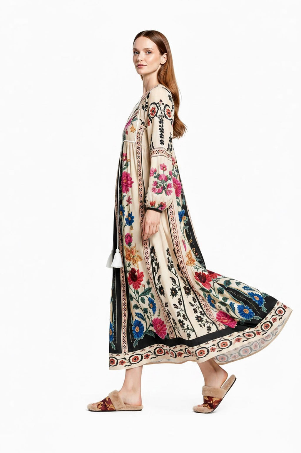Ivory Floral Maxi Dress with Long Sleeves and Colorful Border Print