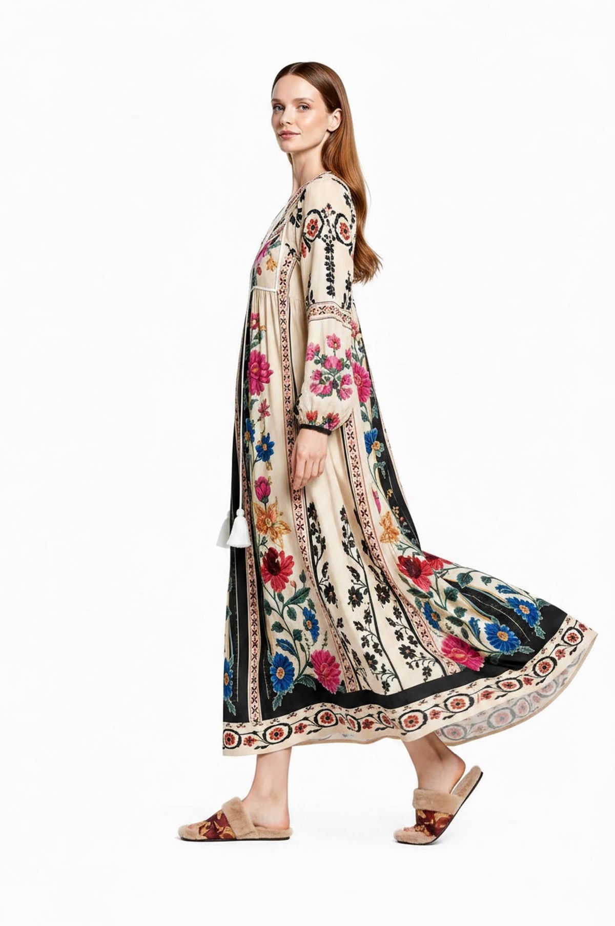 Ivory Floral Maxi Dress with Long Sleeves and Colorful Border Print