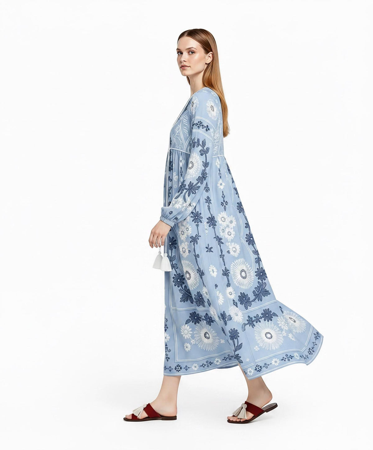Light Blue Floral Chiffon Maxi Dress, Long Sleeve Tassel Tie Resort Wear