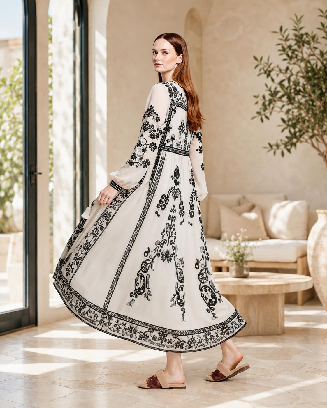 Ivory and Black Floral Maxi Dress with Long Sleeves and Border Print