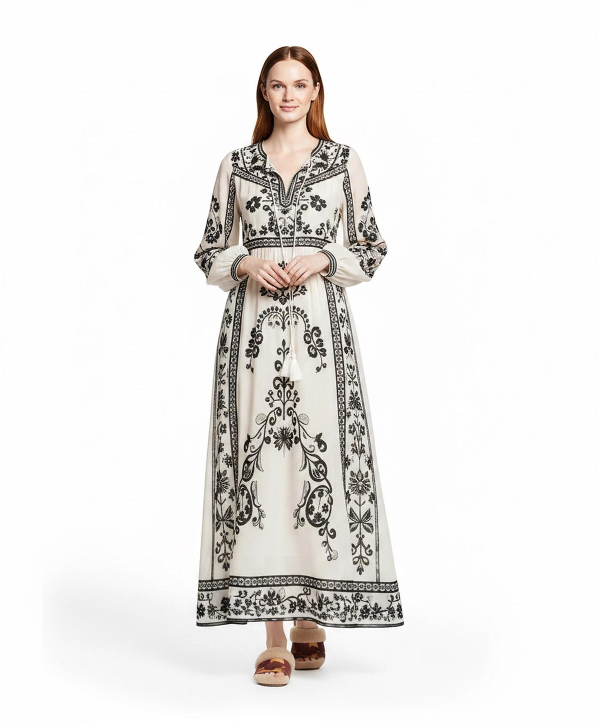 Ivory and Black Floral Maxi Dress with Long Sleeves and Border Print