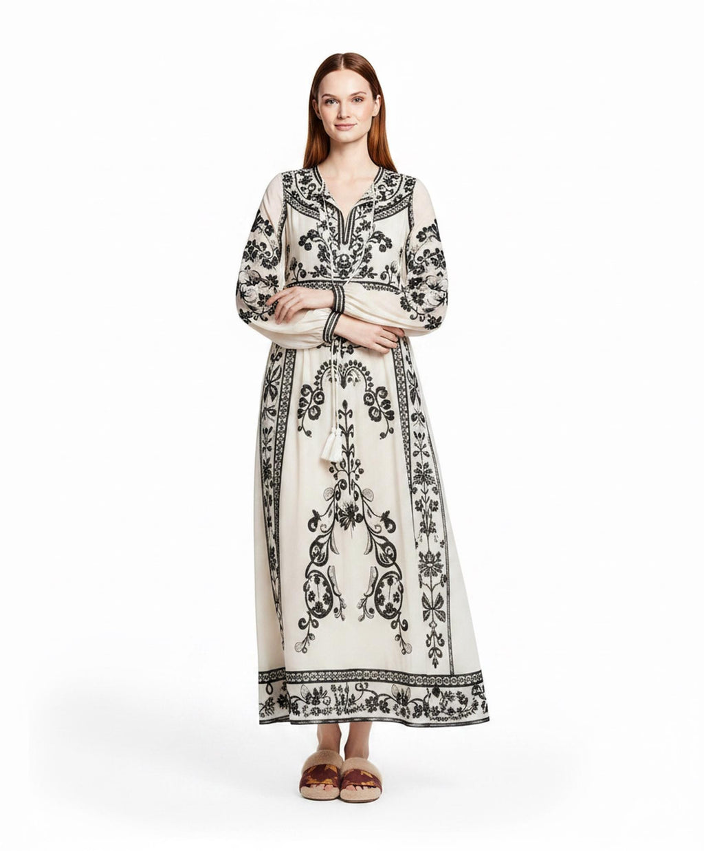 Ivory and Black Floral Maxi Dress with Long Sleeves and Border Print