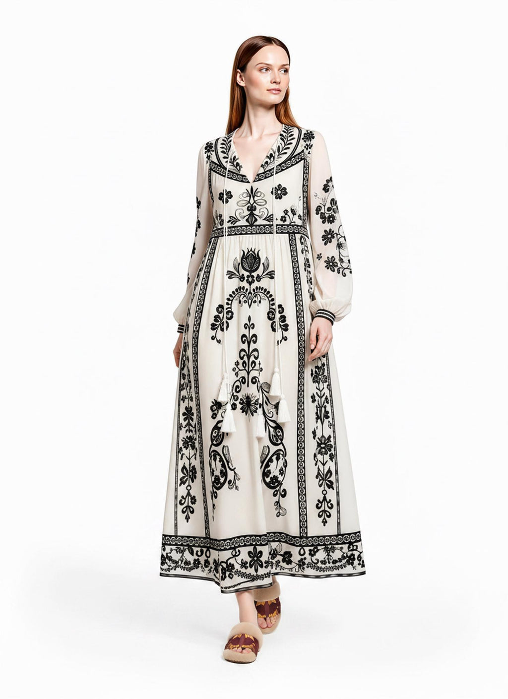 Ivory and Black Floral Maxi Dress with Long Sleeves and Border Print