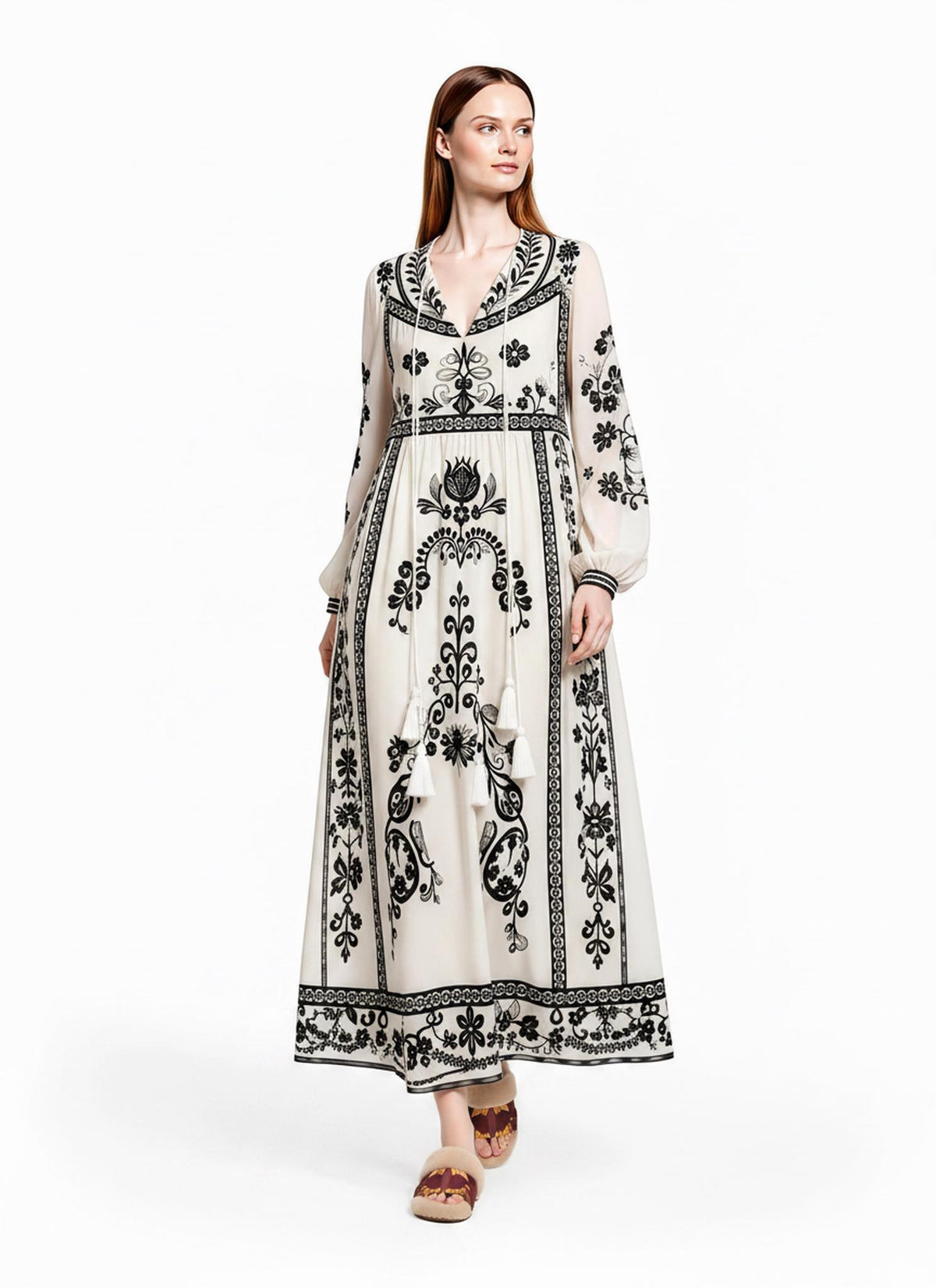 Ivory and Black Floral Maxi Dress with Long Sleeves and Border Print