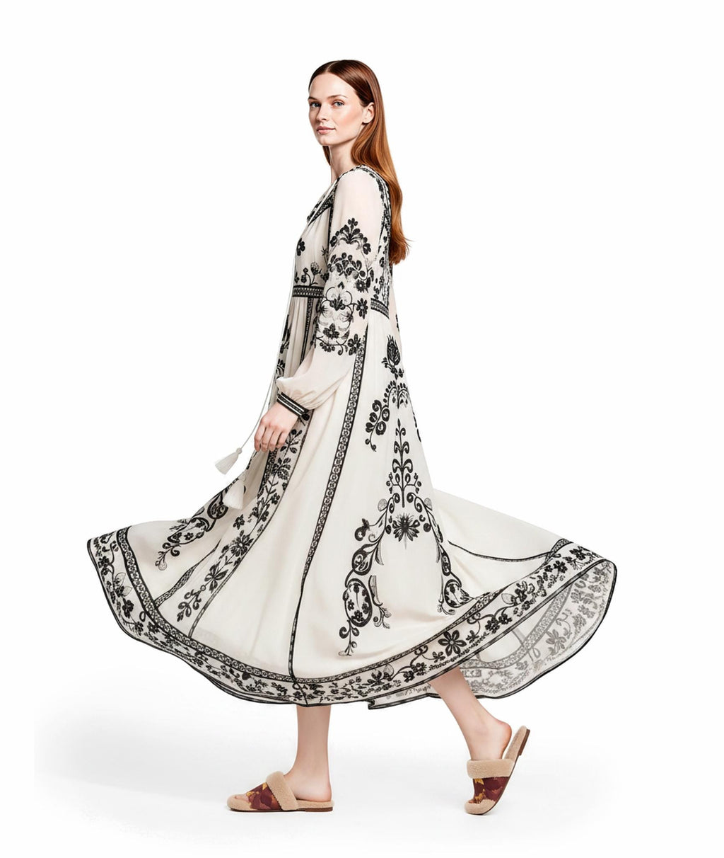 Ivory and Black Floral Maxi Dress with Long Sleeves and Border Print