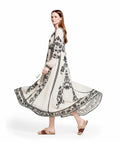 Ivory and Black Floral Maxi Dress with Long Sleeves and Border Print