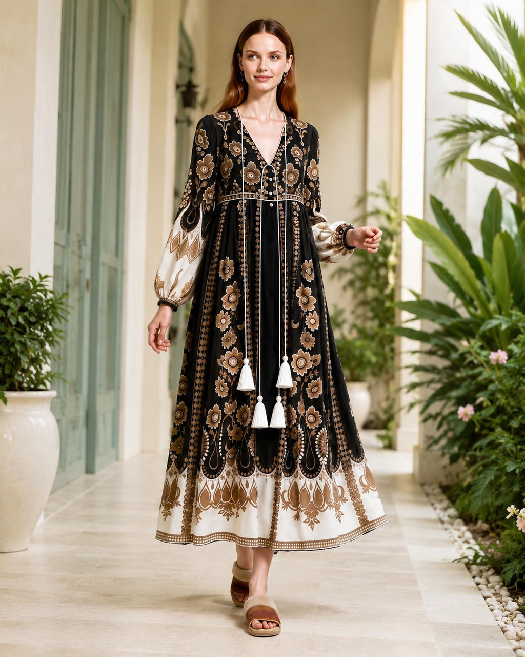 Black Brown Floral Maxi Dress, Sheer Long Sleeve Chiffon, Tassel Tie Resort Wear