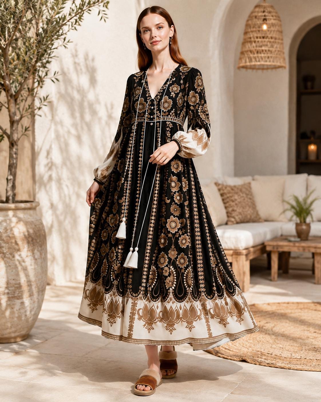 Black Brown Floral Maxi Dress, Sheer Long Sleeve Chiffon, Tassel Tie Resort Wear