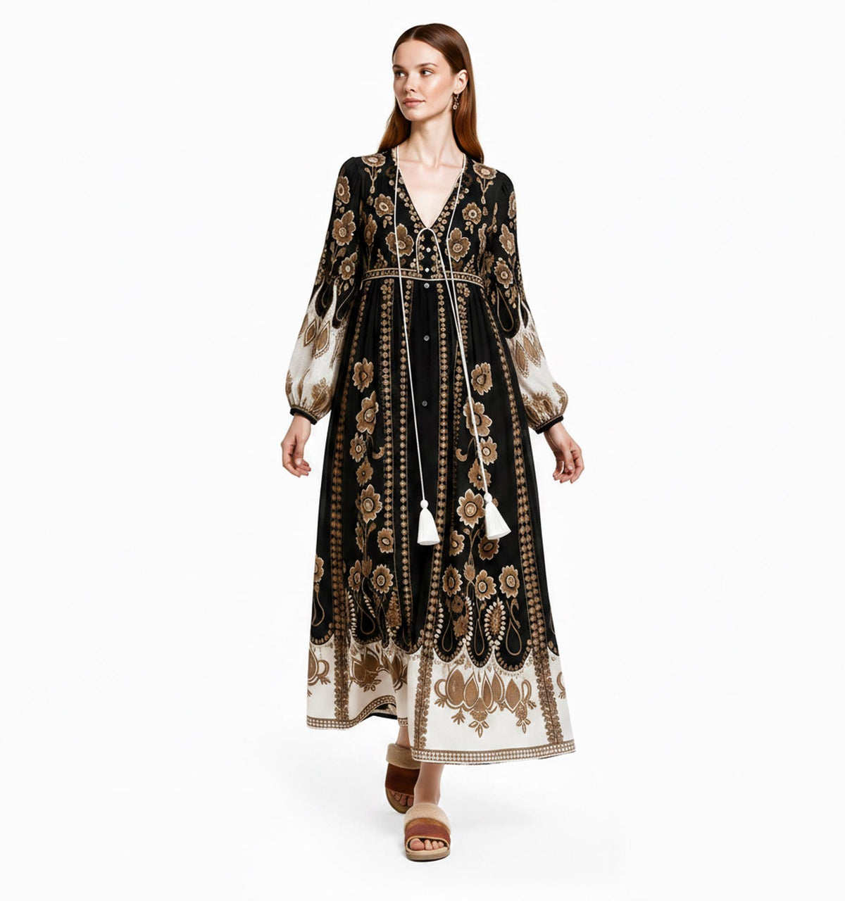 Black Brown Floral Maxi Dress, Sheer Long Sleeve Chiffon, Tassel Tie Resort Wear