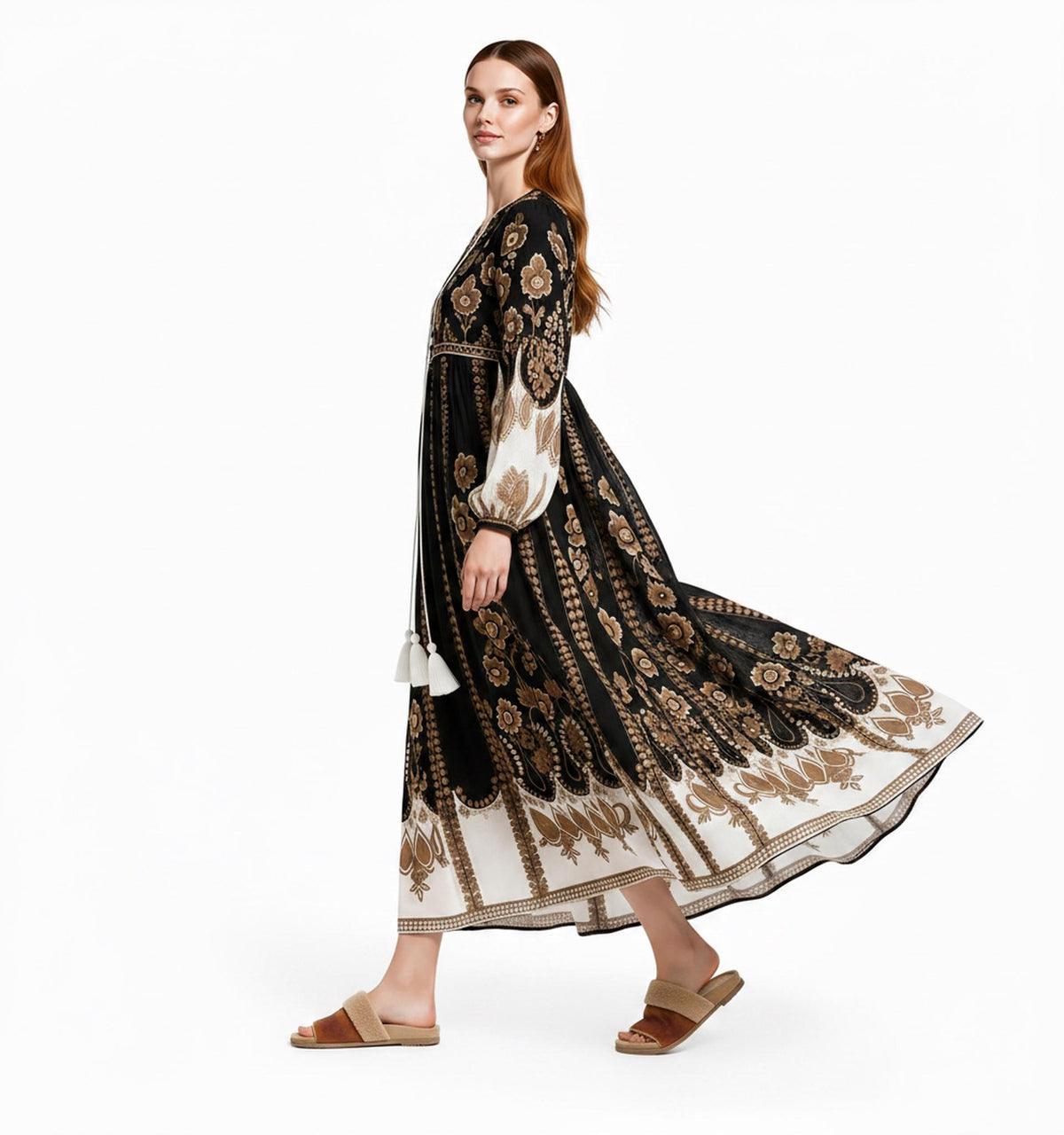 Black Brown Floral Maxi Dress, Sheer Long Sleeve Chiffon, Tassel Tie Resort Wear