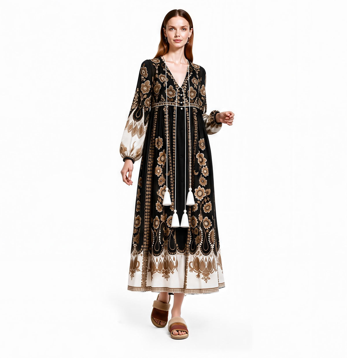 Black Brown Floral Maxi Dress, Sheer Long Sleeve Chiffon, Tassel Tie Resort Wear