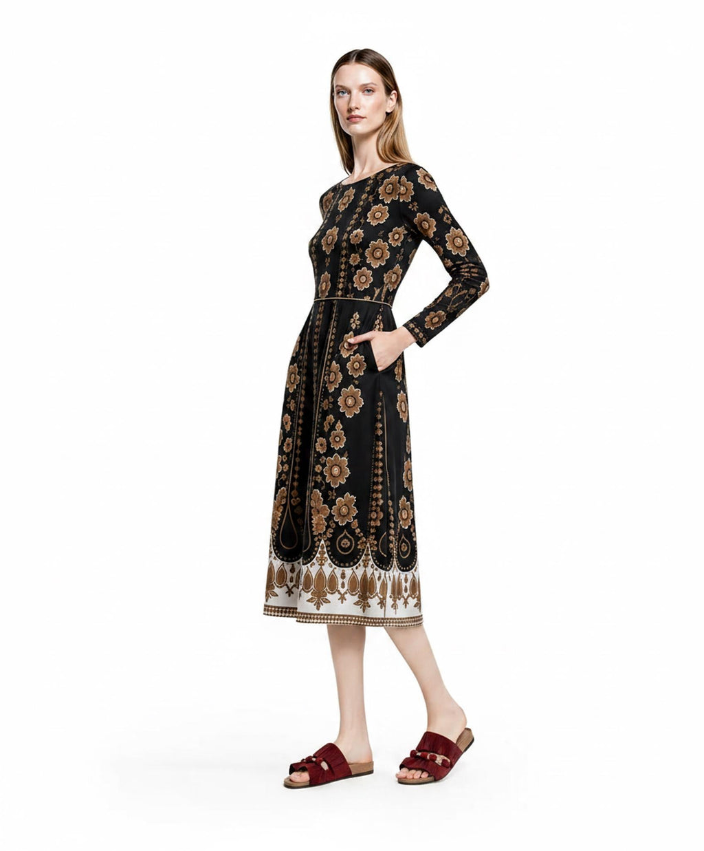 Black Brown Floral Midi Dress, Long Sleeve A-Line with Pockets, Modest Fall Outfit