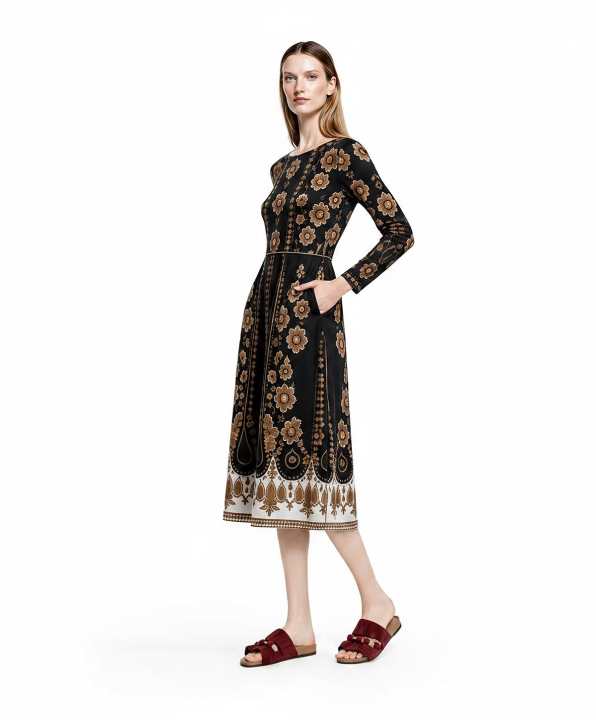 Black Brown Floral Midi Dress, Long Sleeve A-Line with Pockets, Modest Fall Outfit
