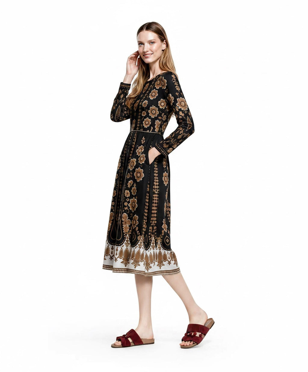 Black Brown Floral Midi Dress, Long Sleeve A-Line with Pockets, Modest Fall Outfit