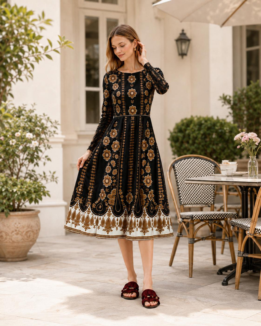 Black Brown Floral Midi Dress, Long Sleeve A-Line with Pockets, Modest Fall Outfit