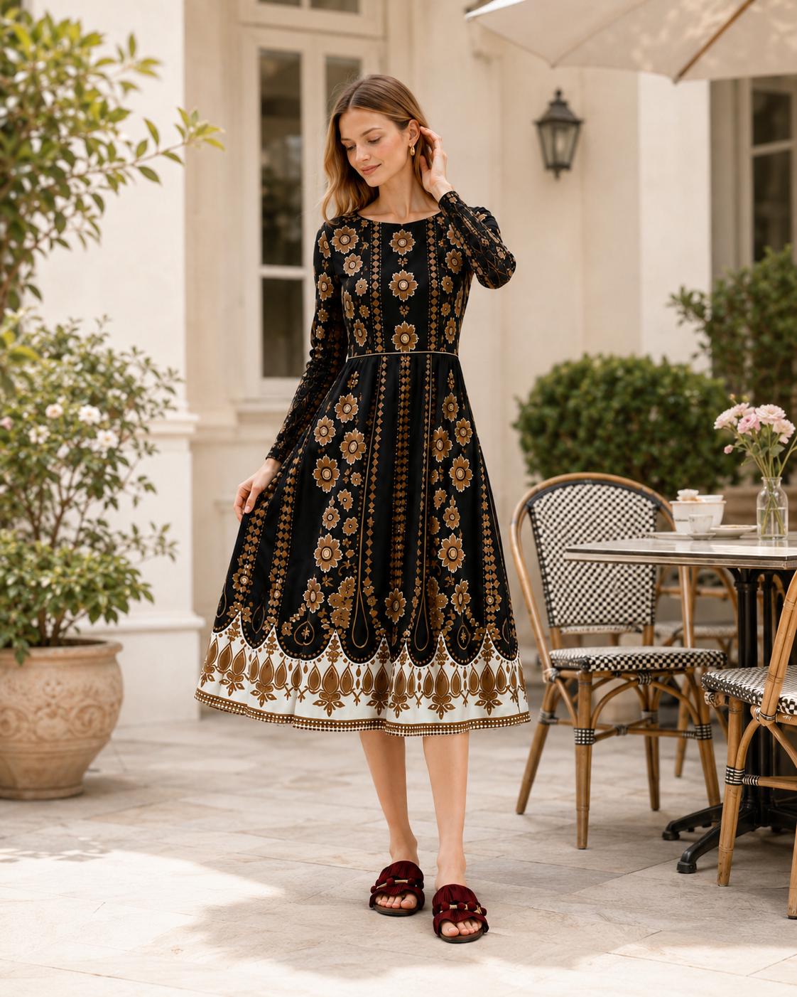 Black Brown Floral Midi Dress, Long Sleeve A-Line with Pockets, Modest Fall Outfit
