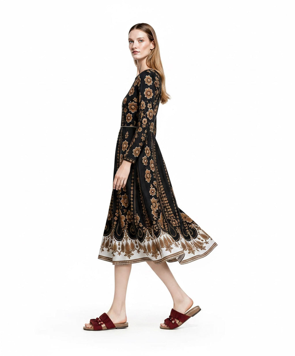 Black Brown Floral Midi Dress, Long Sleeve A-Line with Pockets, Modest Fall Outfit