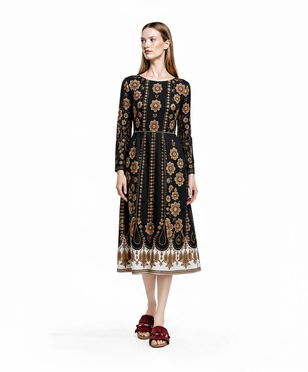 Black Brown Floral Midi Dress, Long Sleeve A-Line with Pockets, Modest Fall Outfit