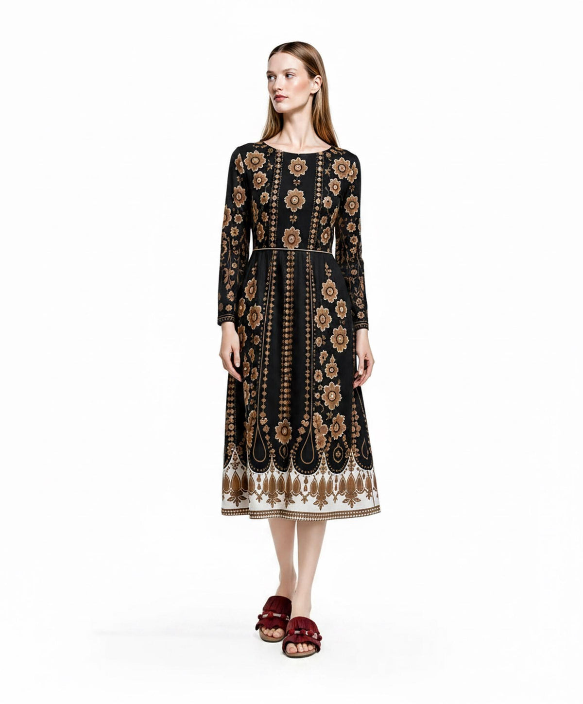 Black Brown Floral Midi Dress, Long Sleeve A-Line with Pockets, Modest Fall Outfit