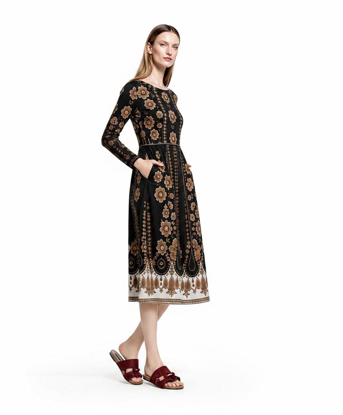Black Brown Floral Midi Dress, Long Sleeve A-Line with Pockets, Modest Fall Outfit