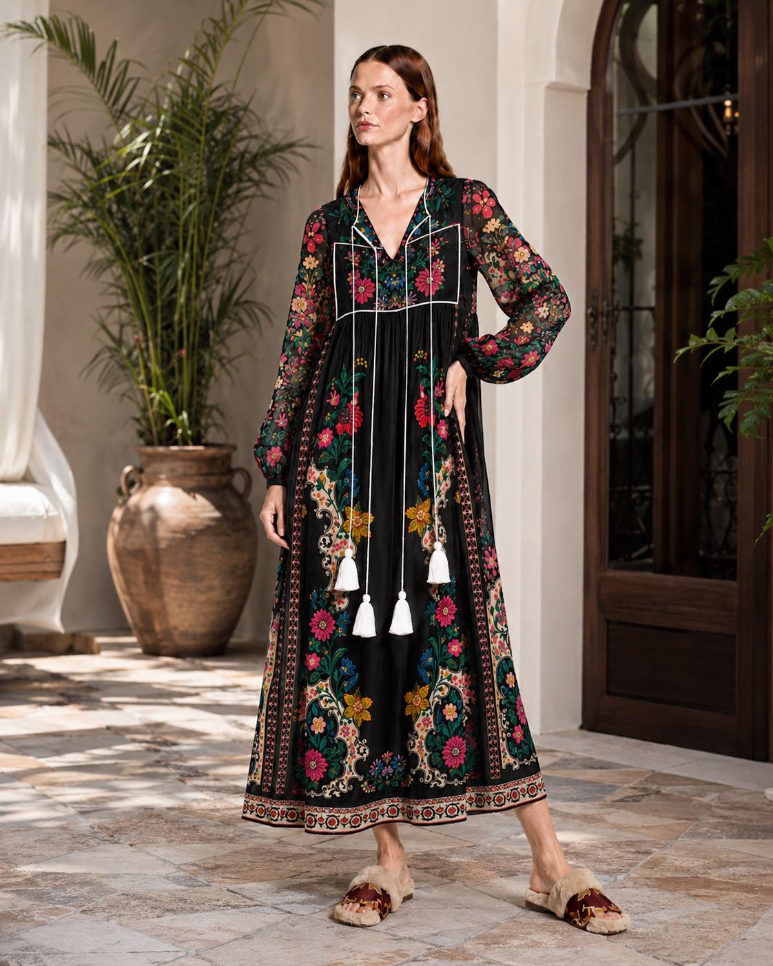 Black Floral Dress with Long Sleeves, Tassel Ties and Contrast Piping