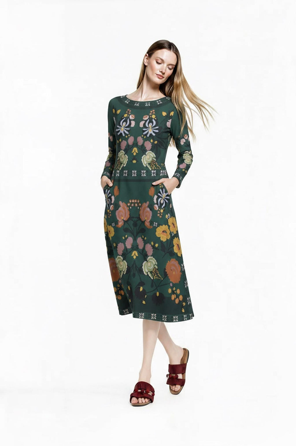 Dark Green Floral Midi Dress, Long Sleeve A-Line Folk Print, Garden Party Pocket Dress