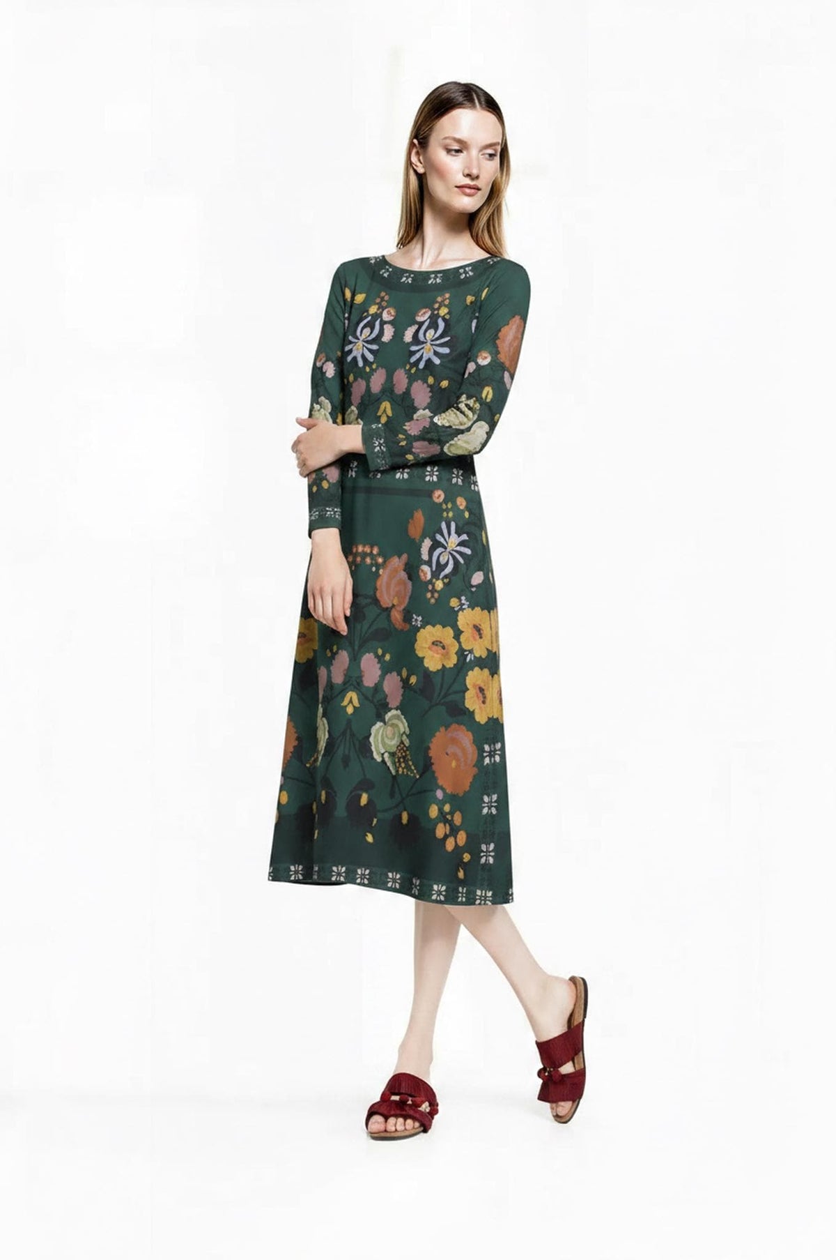 Dark Green Floral Midi Dress, Long Sleeve A-Line Folk Print, Garden Party Pocket Dress