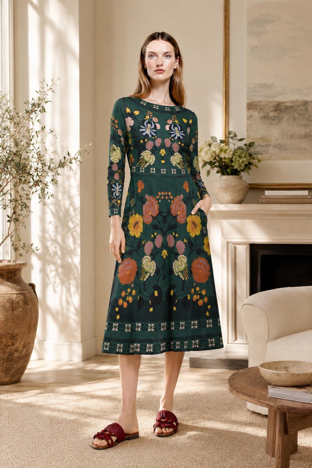 Dark Green Floral Midi Dress, Long Sleeve A-Line Folk Print, Garden Party Pocket Dress