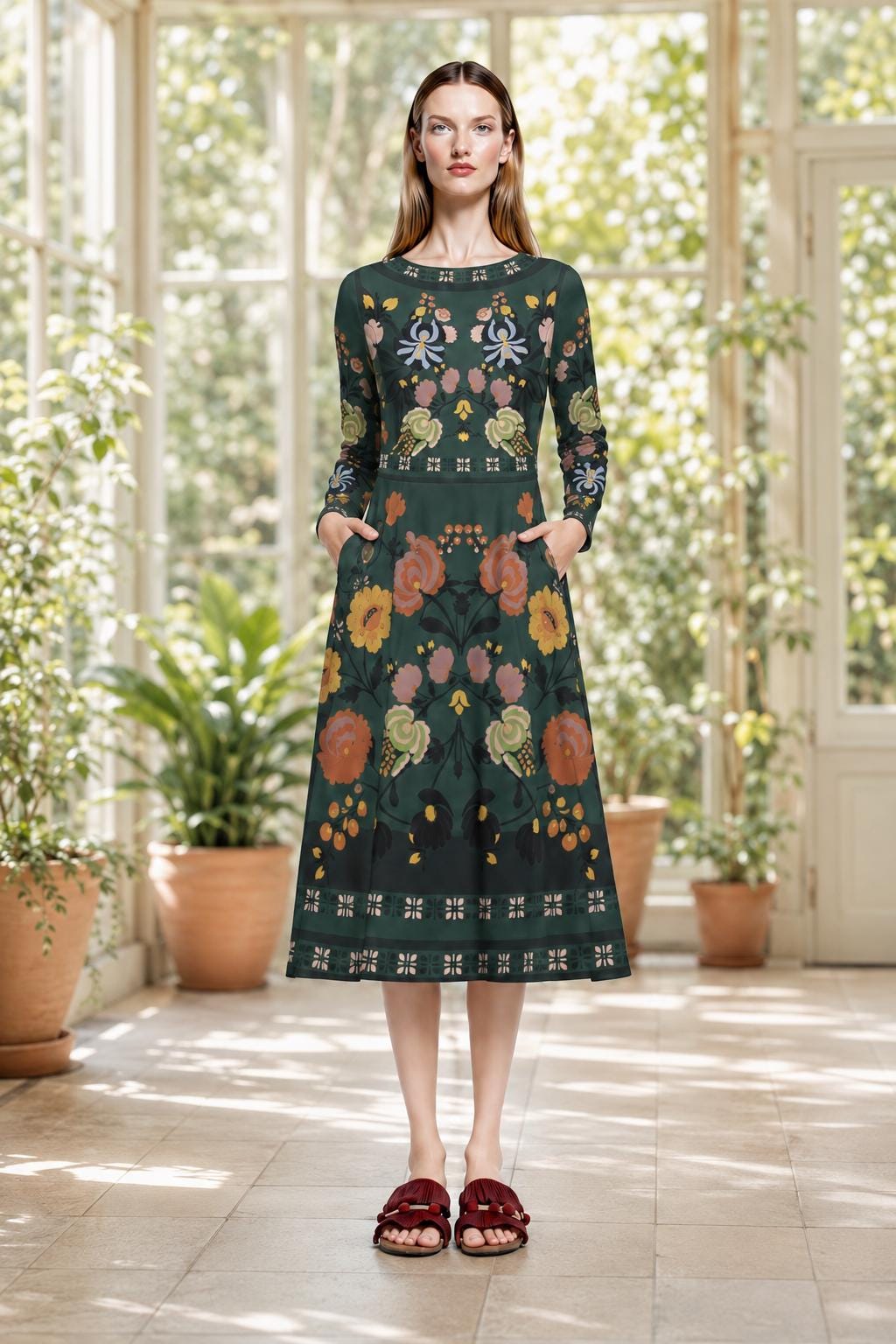 Dark Green Floral Midi Dress, Long Sleeve A-Line Folk Print, Garden Party Pocket Dress