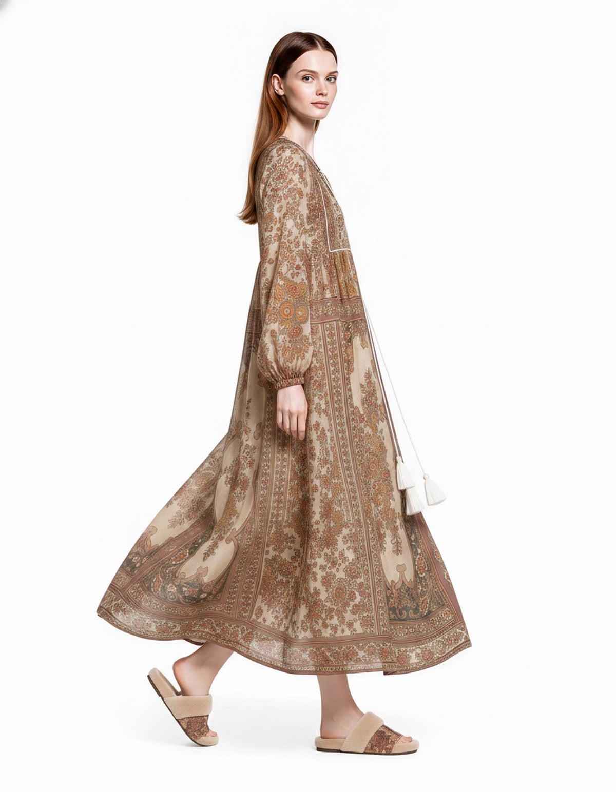 Brown Floral Chiffon Maxi Dress, Long Sleeves and Tassel Tie