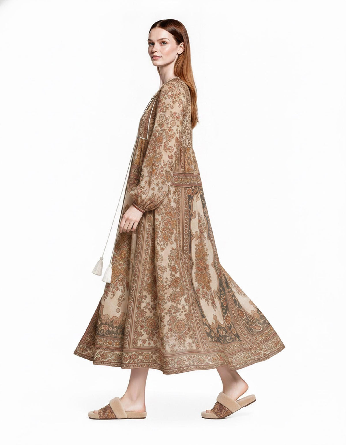 Brown Floral Chiffon Maxi Dress, Long Sleeves and Tassel Tie