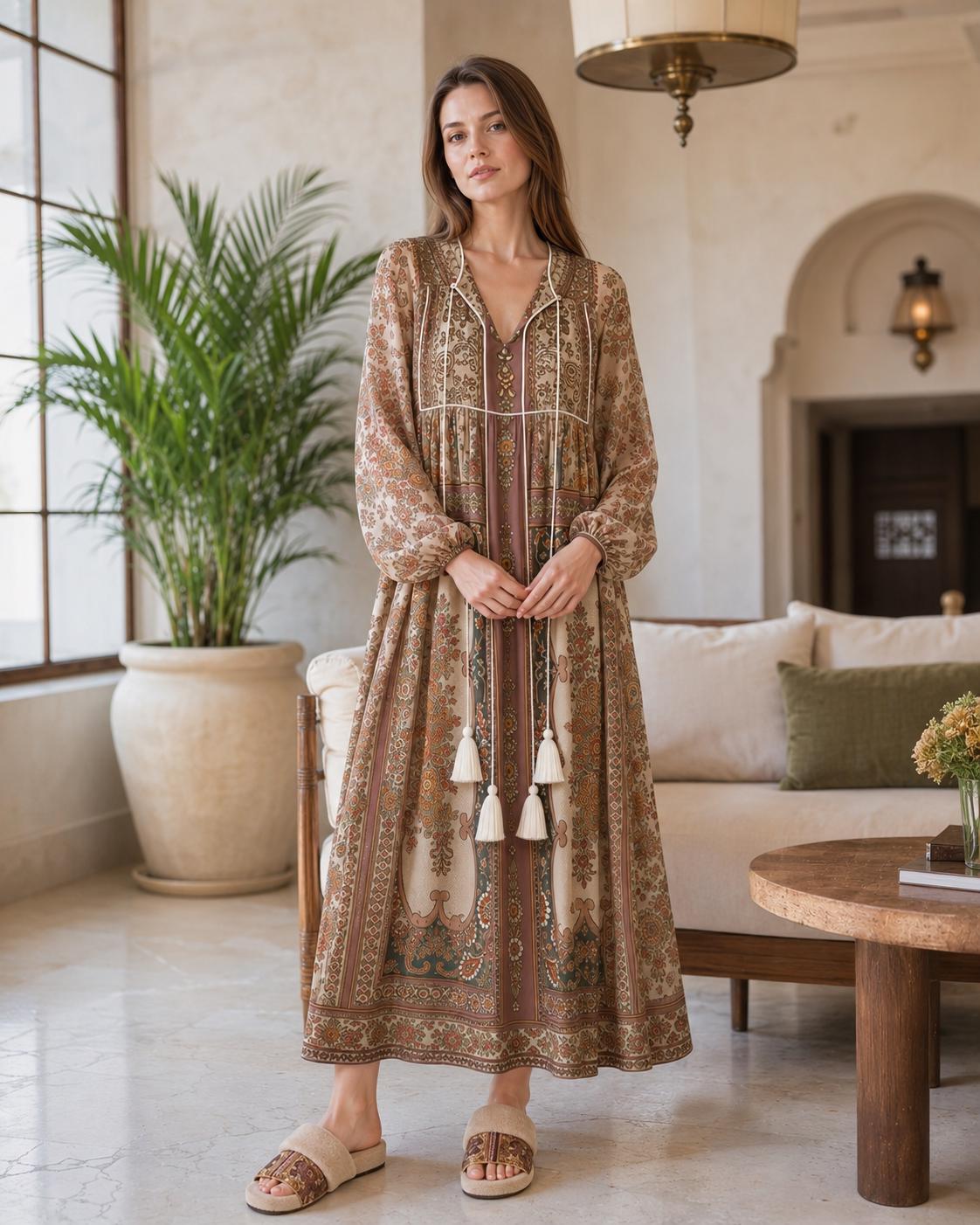 Brown Floral Chiffon Maxi Dress, Long Sleeves and Tassel Tie