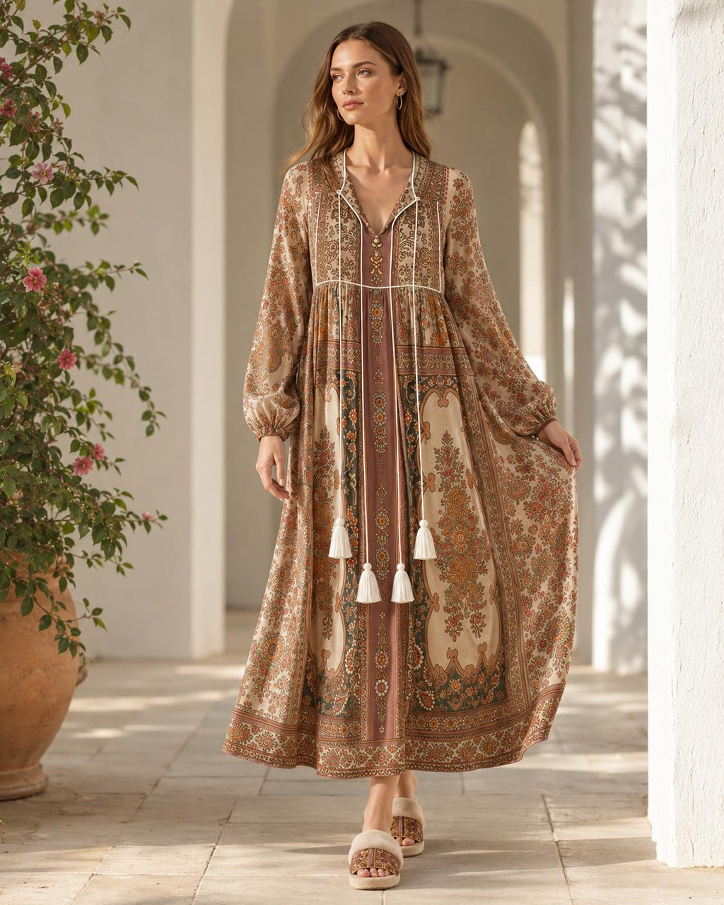 Brown Floral Chiffon Maxi Dress, Long Sleeves and Tassel Tie