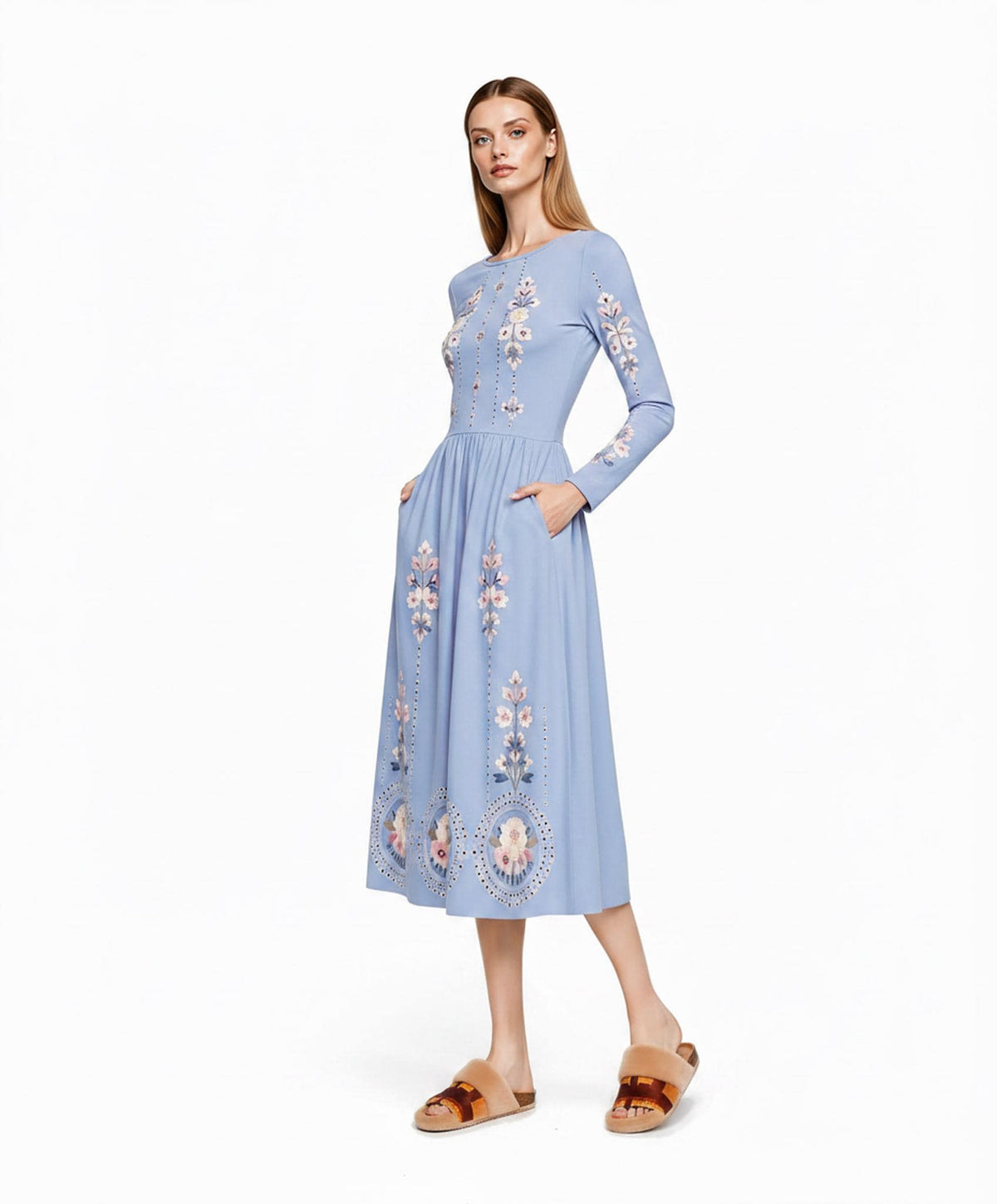 Blue Floral Midi Dress, Long Sleeve A-Line Dress with Pockets, Romantic Cottagecore Style