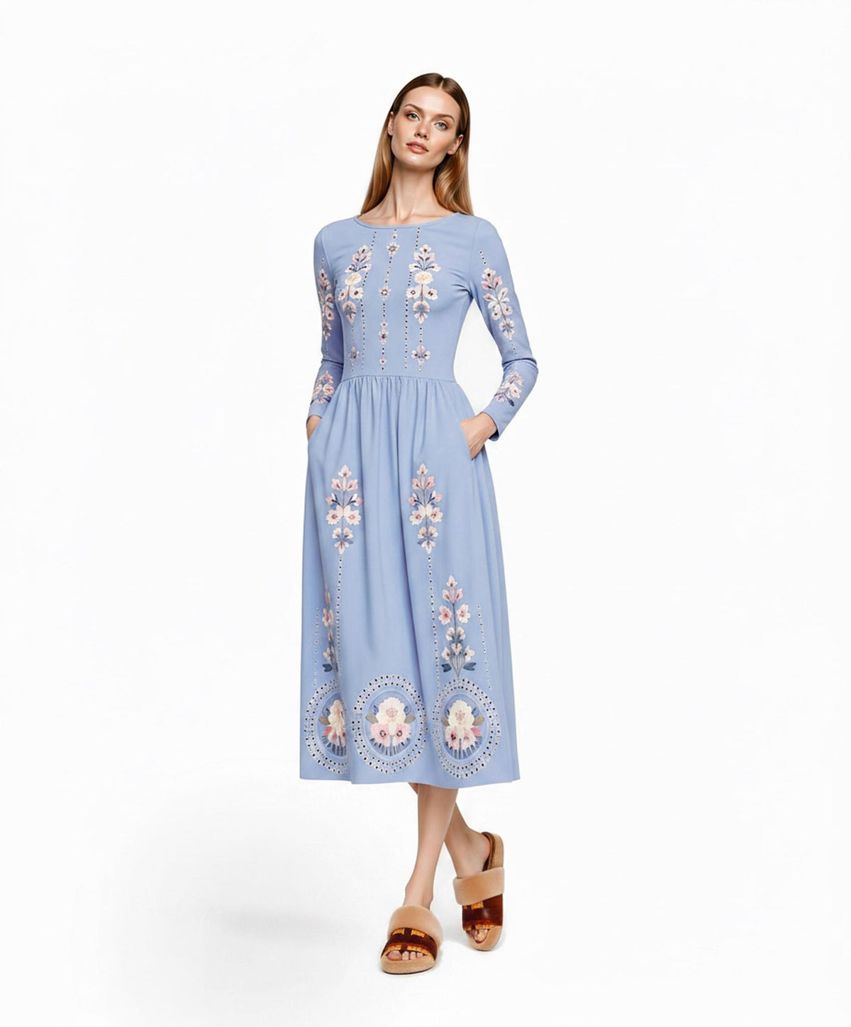 Blue Floral Midi Dress, Long Sleeve A-Line Dress with Pockets, Romantic Cottagecore Style