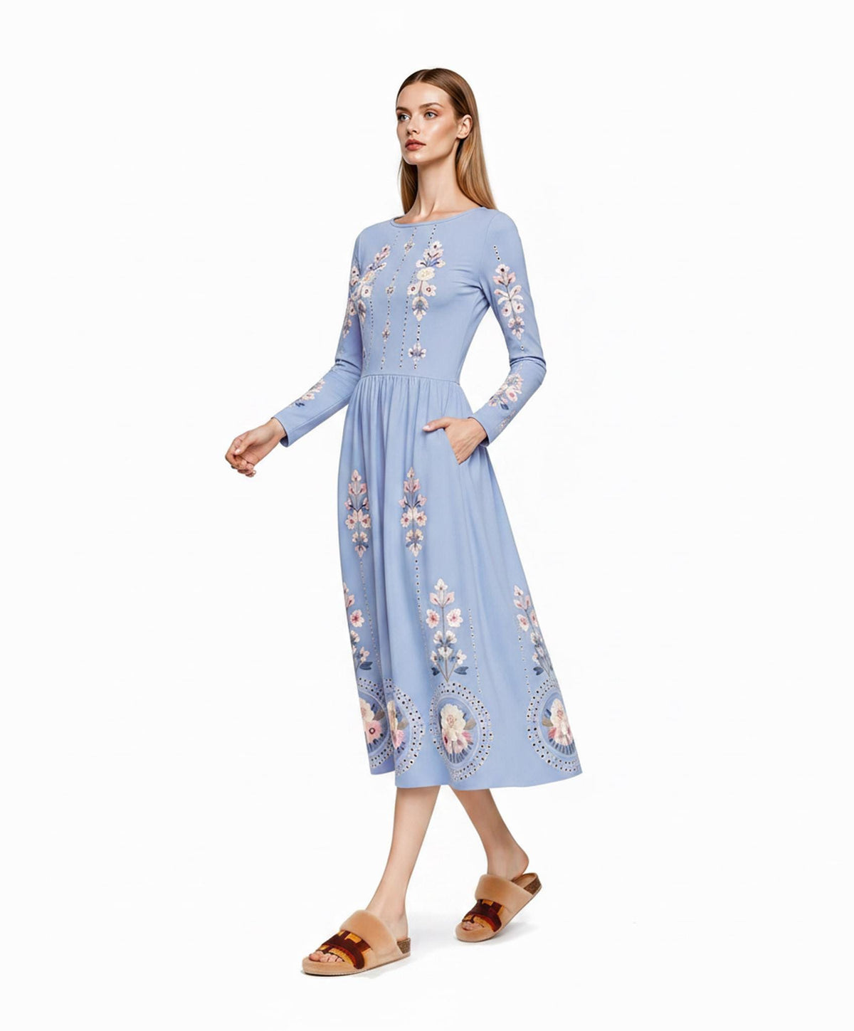 Blue Floral Midi Dress, Long Sleeve A-Line Dress with Pockets, Romantic Cottagecore Style