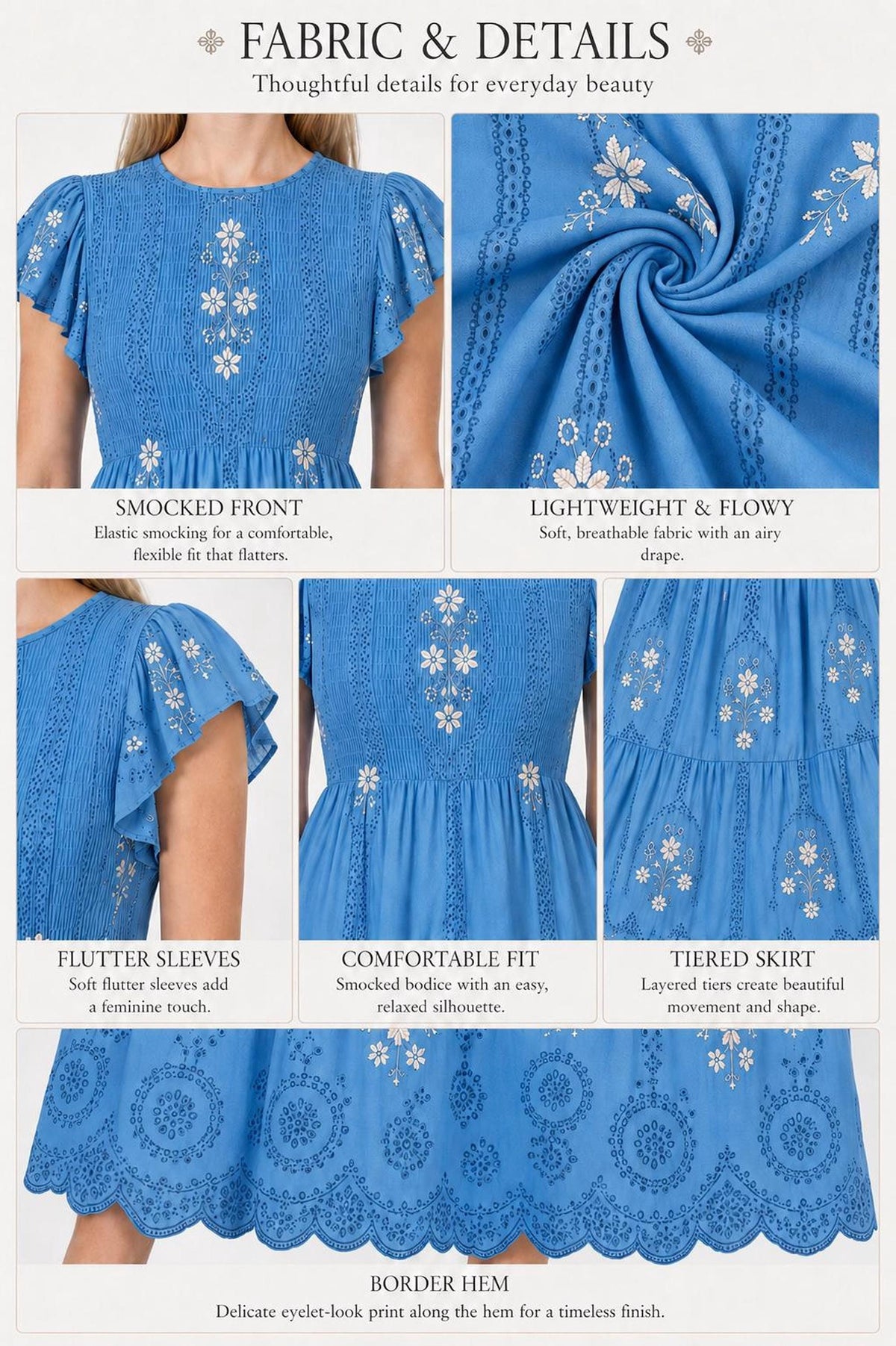 A product details graphic with six panels showing the blue dress fabric, smocked bodice, flutter sleeves, tiered skirt, and border hem with white floral embroidery.
